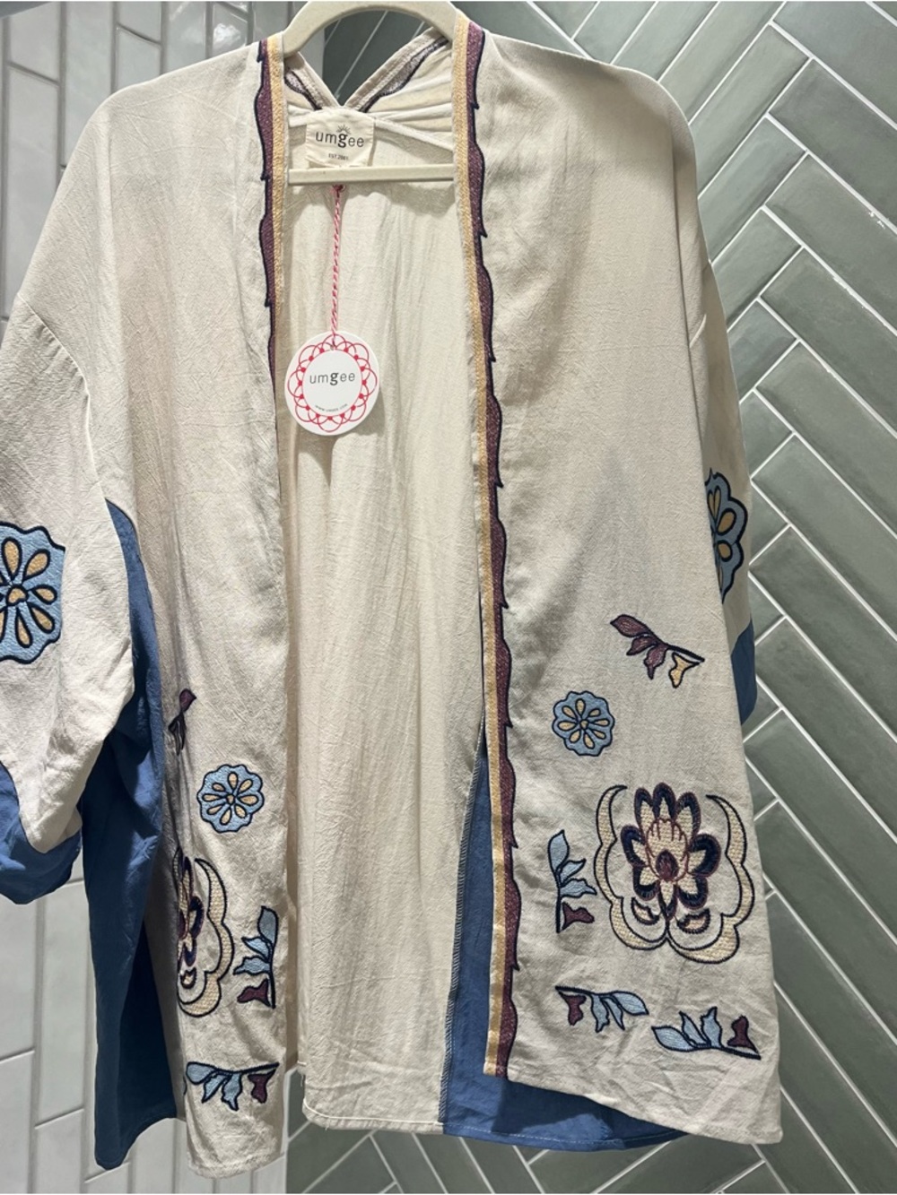 Umgee Cream Kimono with Blue and Purple Floral Embroidery